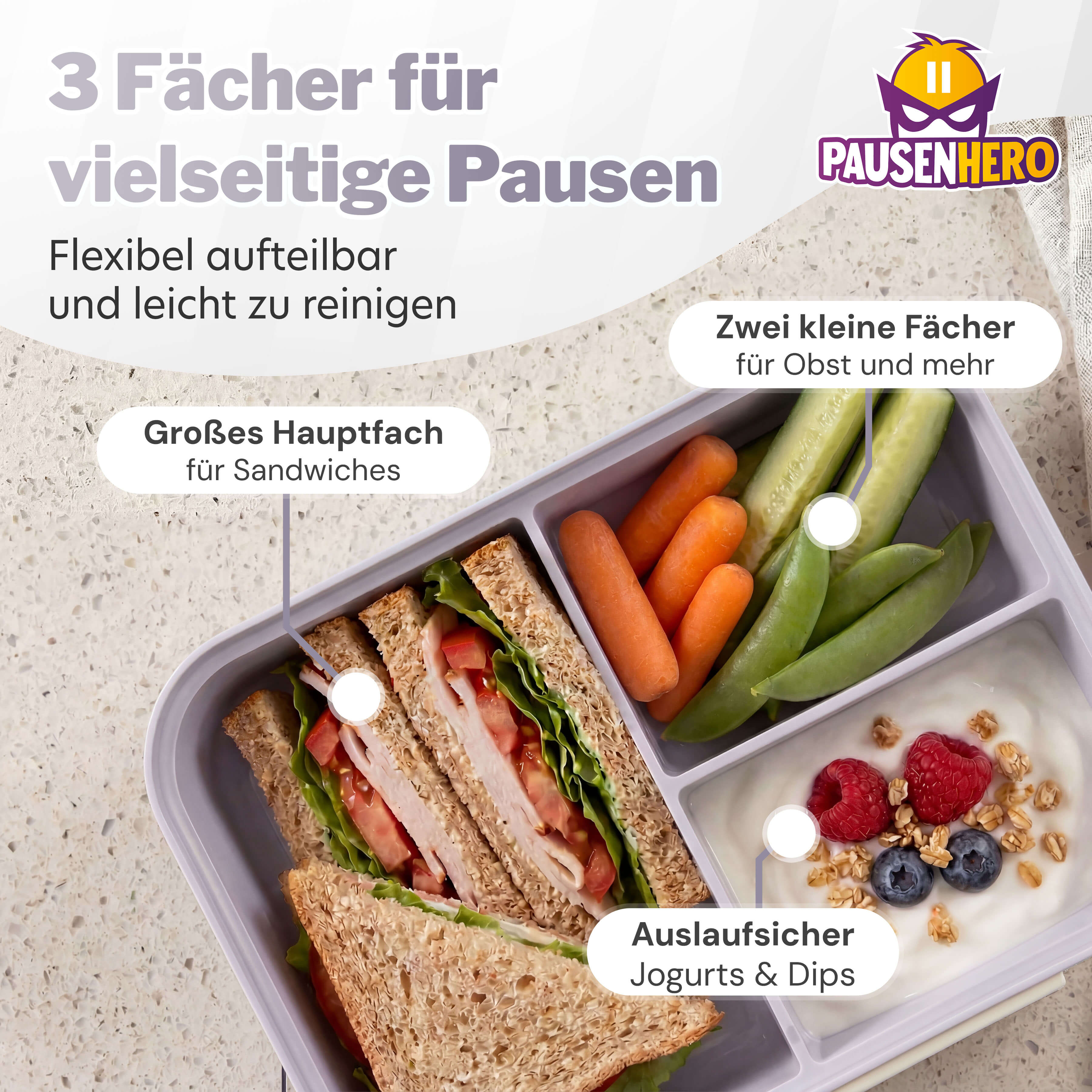 Graue geöffnete Brotdose mit Brot, Möhren, Gurken und Dip