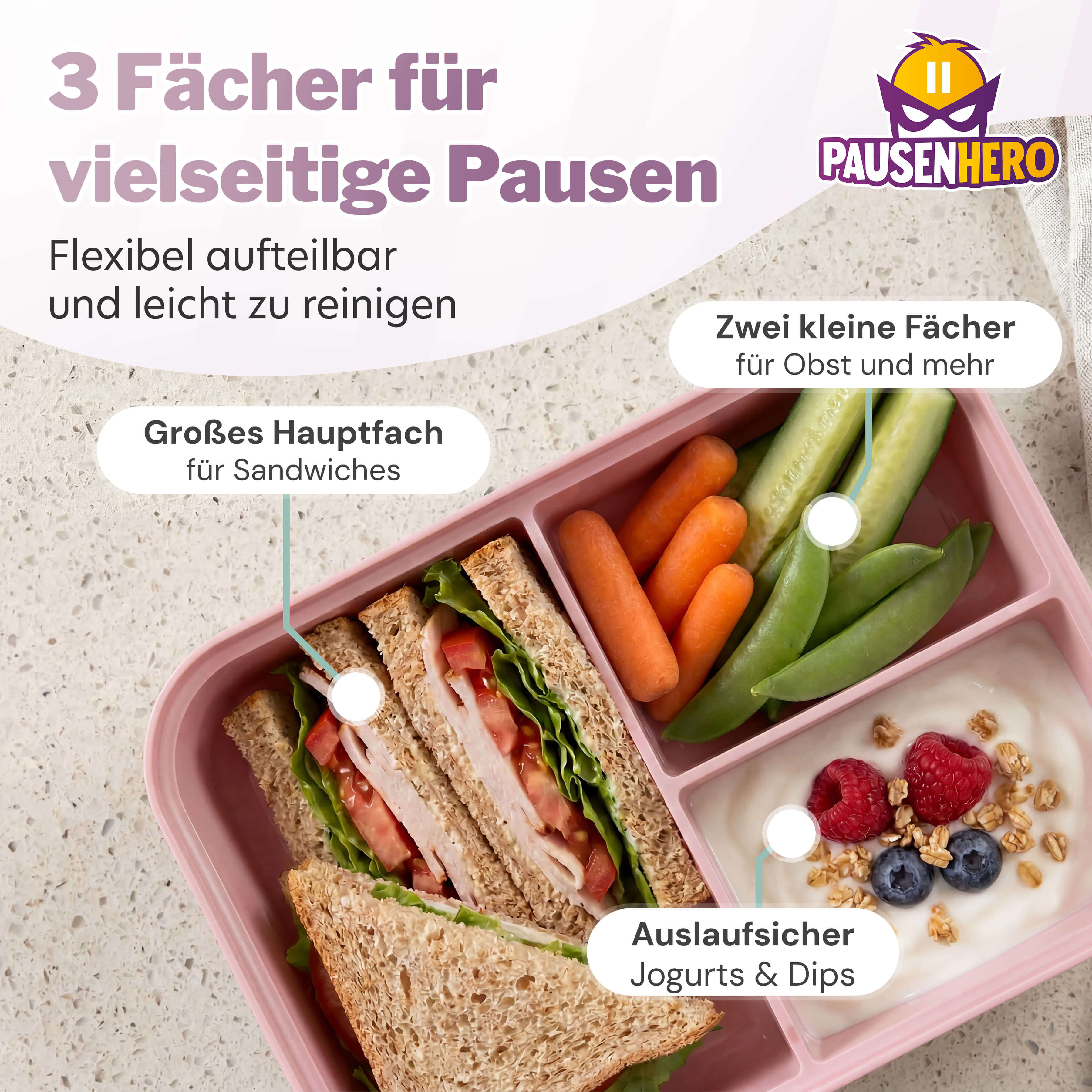 Rosane geöffnete Brotdose mit Brot, Möhren, Gurken und Dip