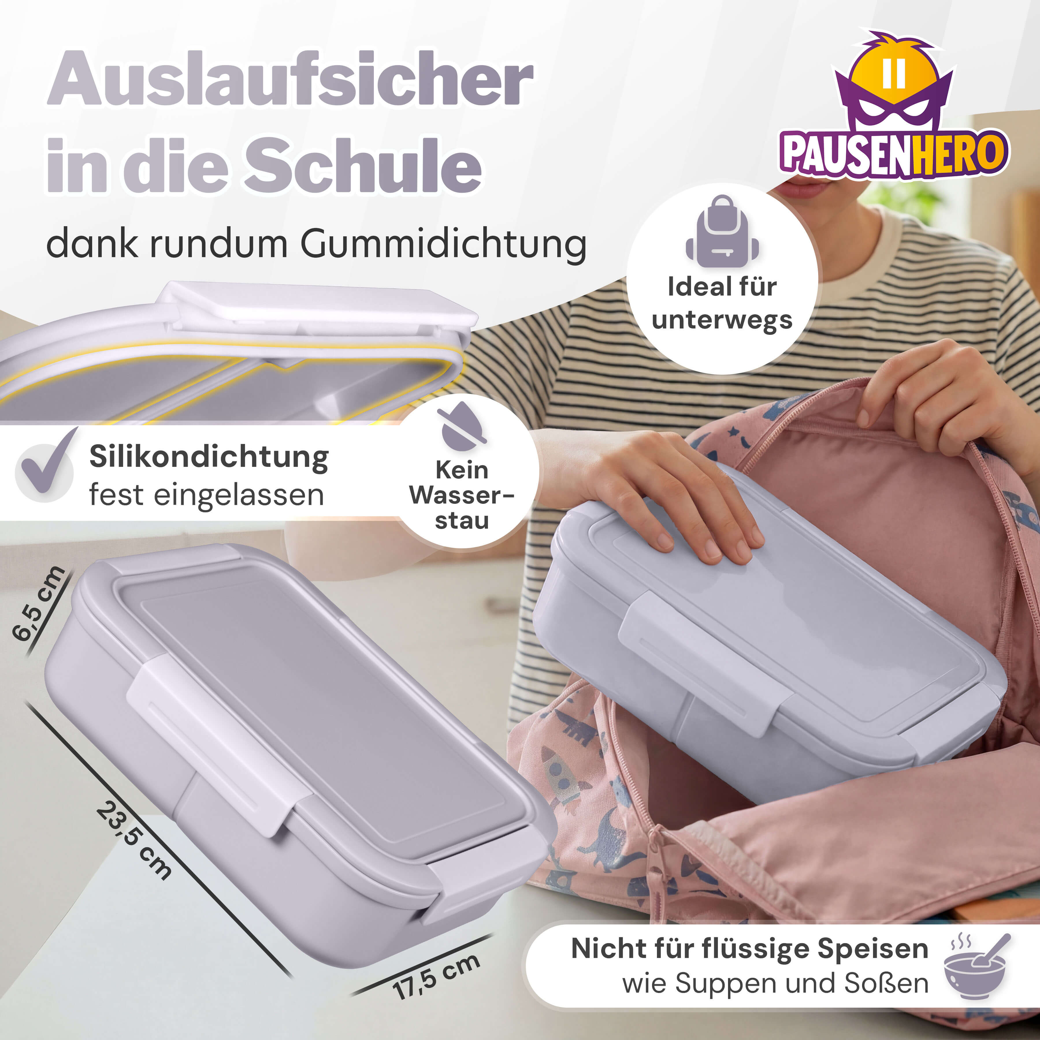 Graue Brotdose in Rucksack, auslaufsicher