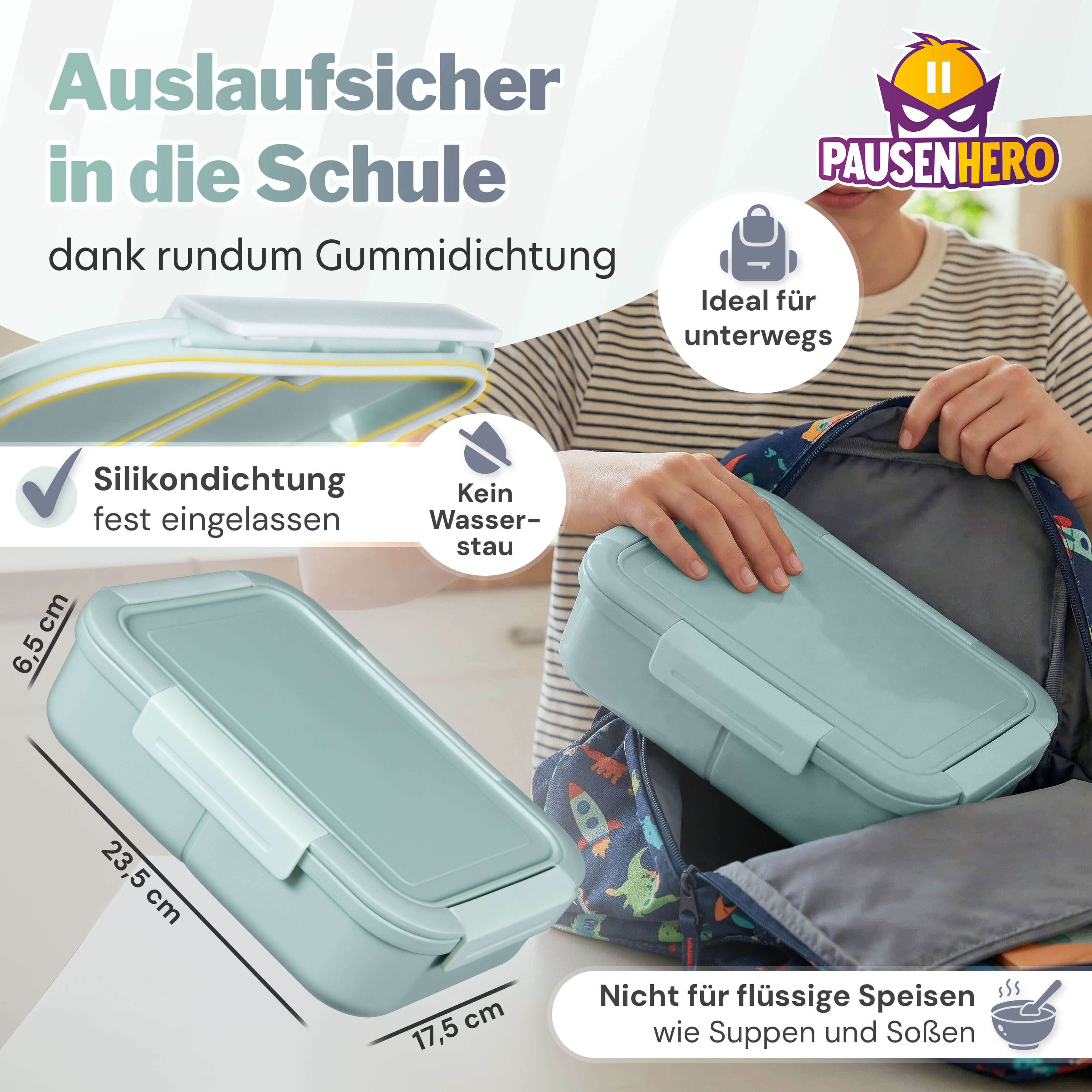 Grüne Brotdose in Rucksack, auslaufsicher