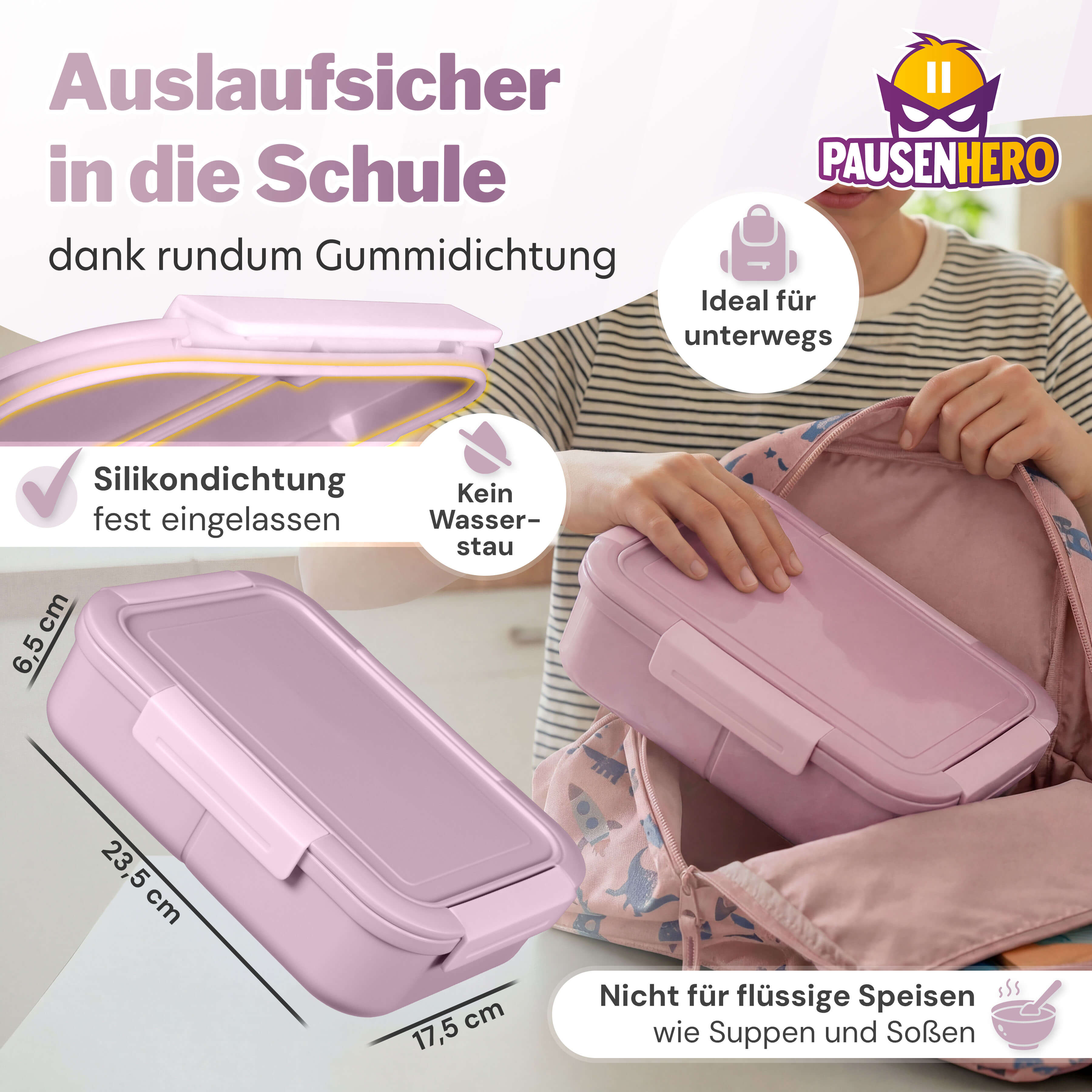 Rosa Brotdose in Rucksack, auslaufsicher