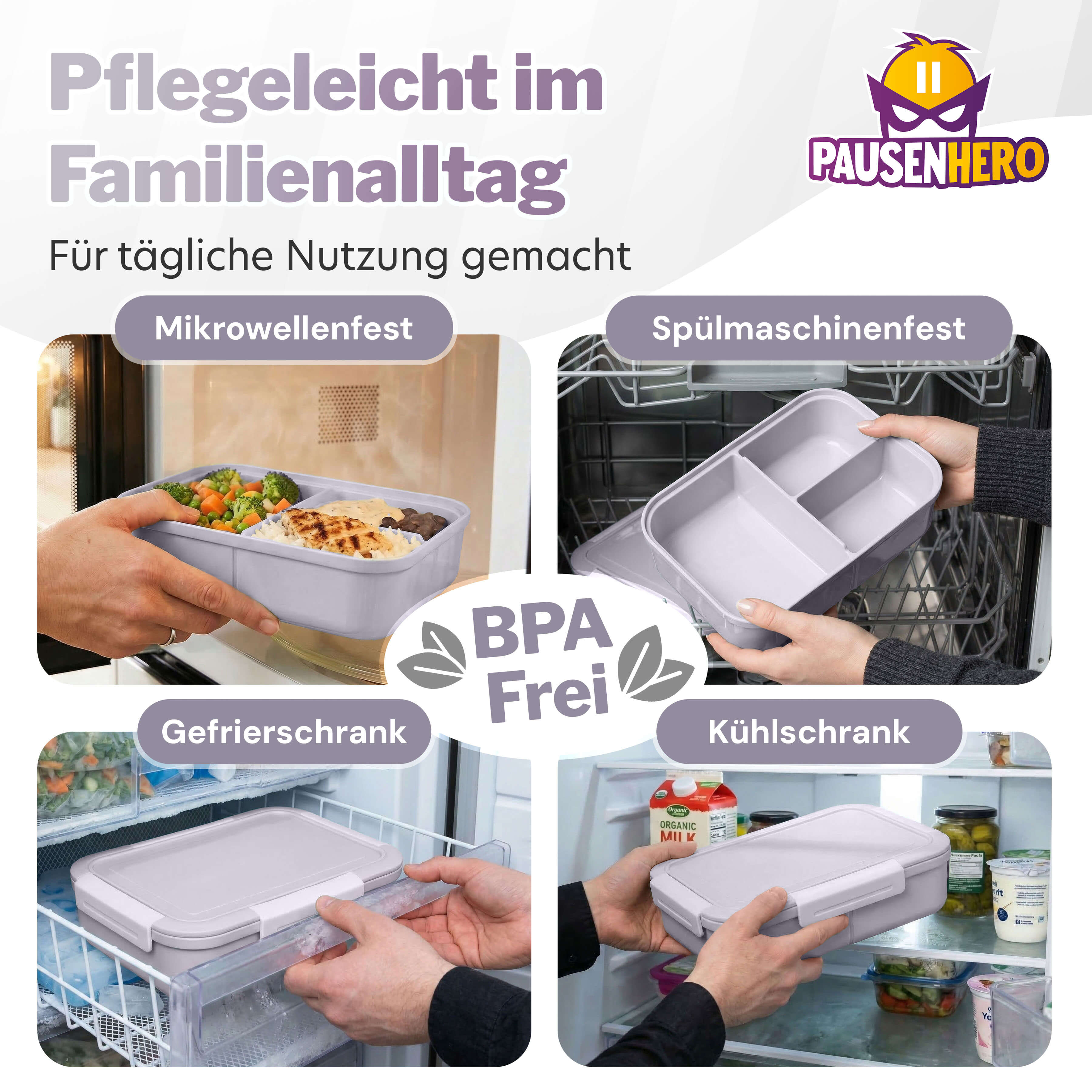 Nutzung der grauen Brotdose, mikrowellenfest, spülmaschinenfest, tiefkühlgeeignet