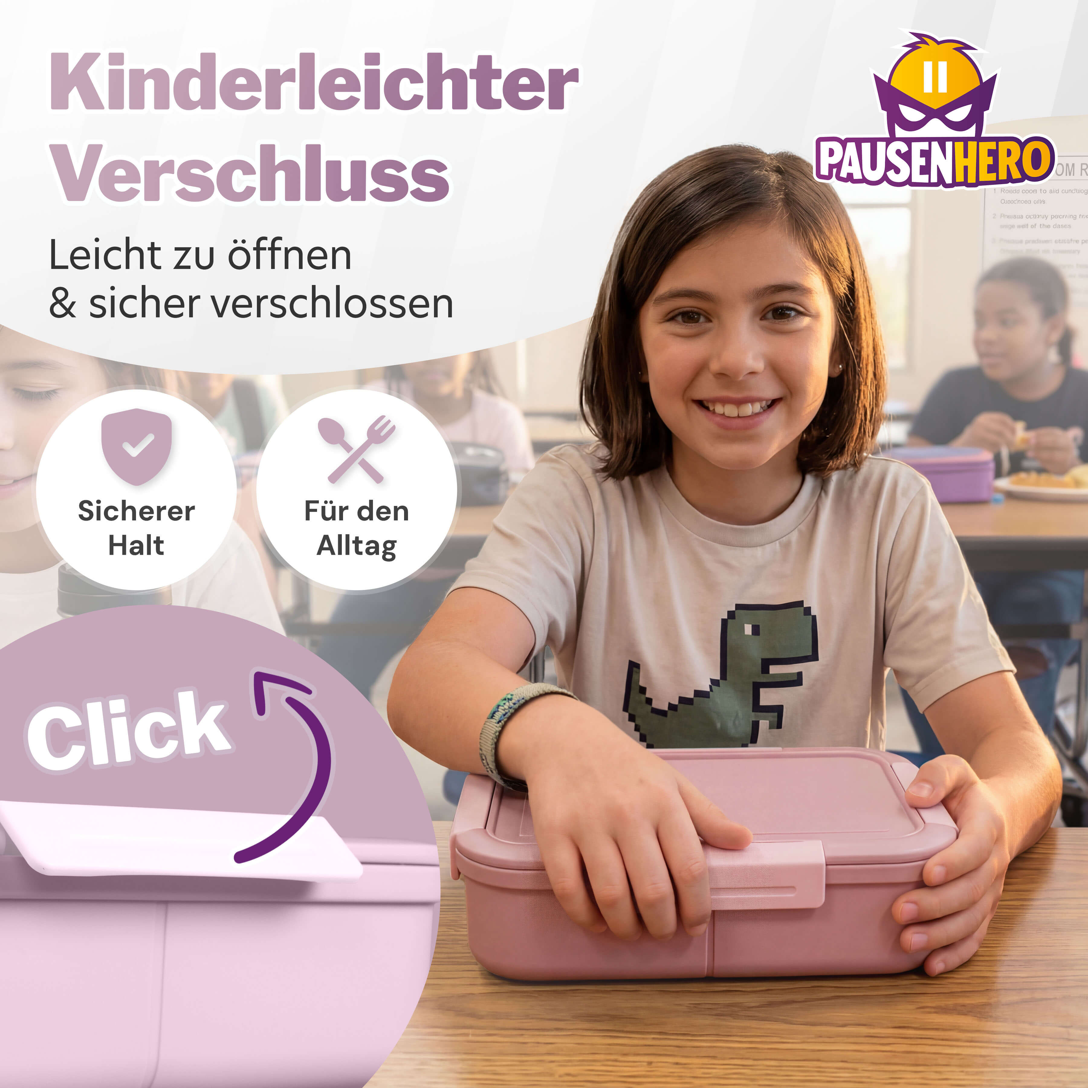 Junge im Klassenzimmer, leichter Verschluss der Brotdose