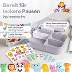 Set aus Obstgabeln, Sticker und grauer Brotdose