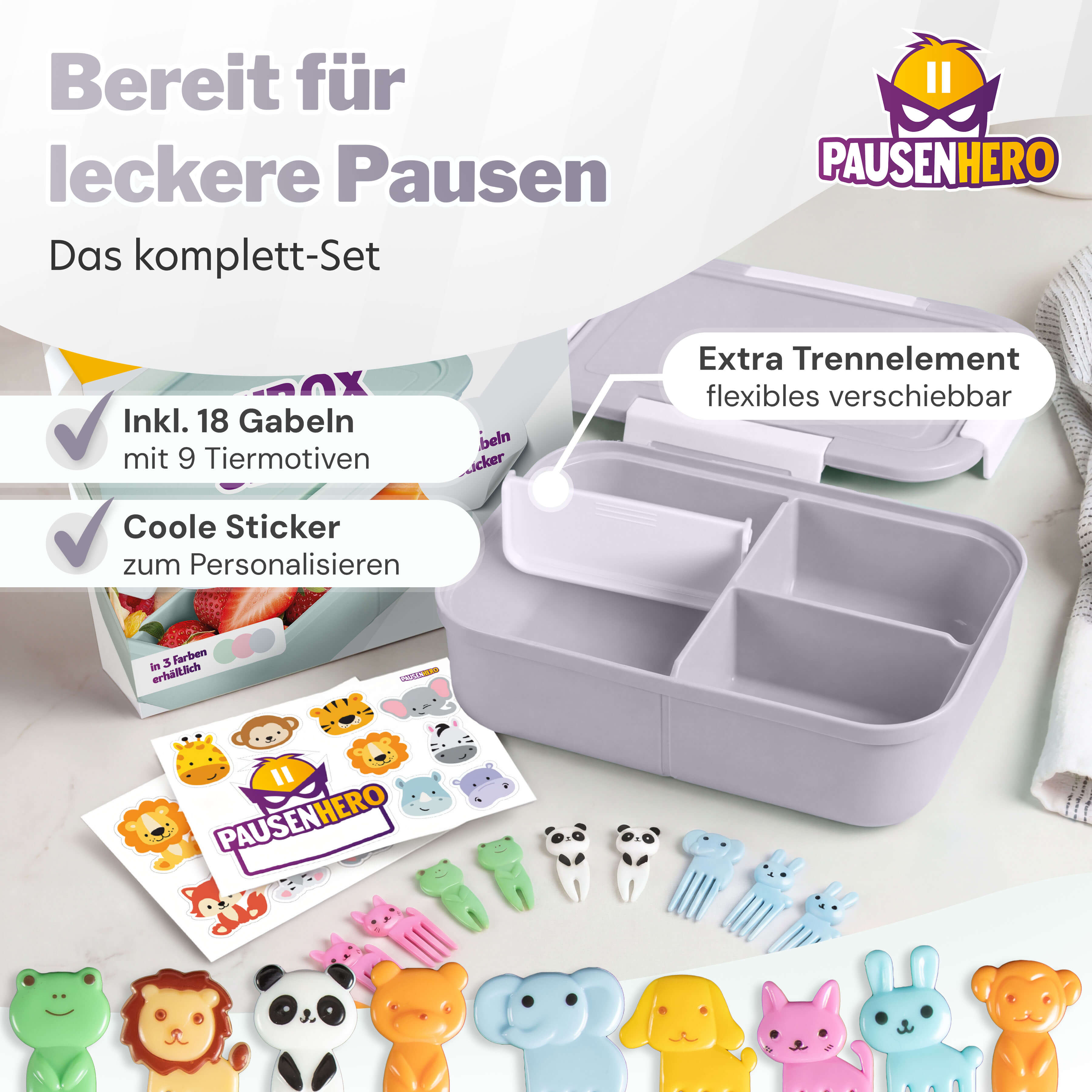 Set aus Obstgabeln, Sticker und grauer Brotdose