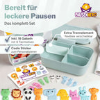 Set aus Obstgabeln, Sticker und grüner Brotdose
