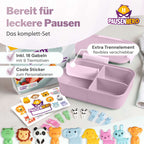 Set aus Obstgabeln, Sticker und rosa Brotdose