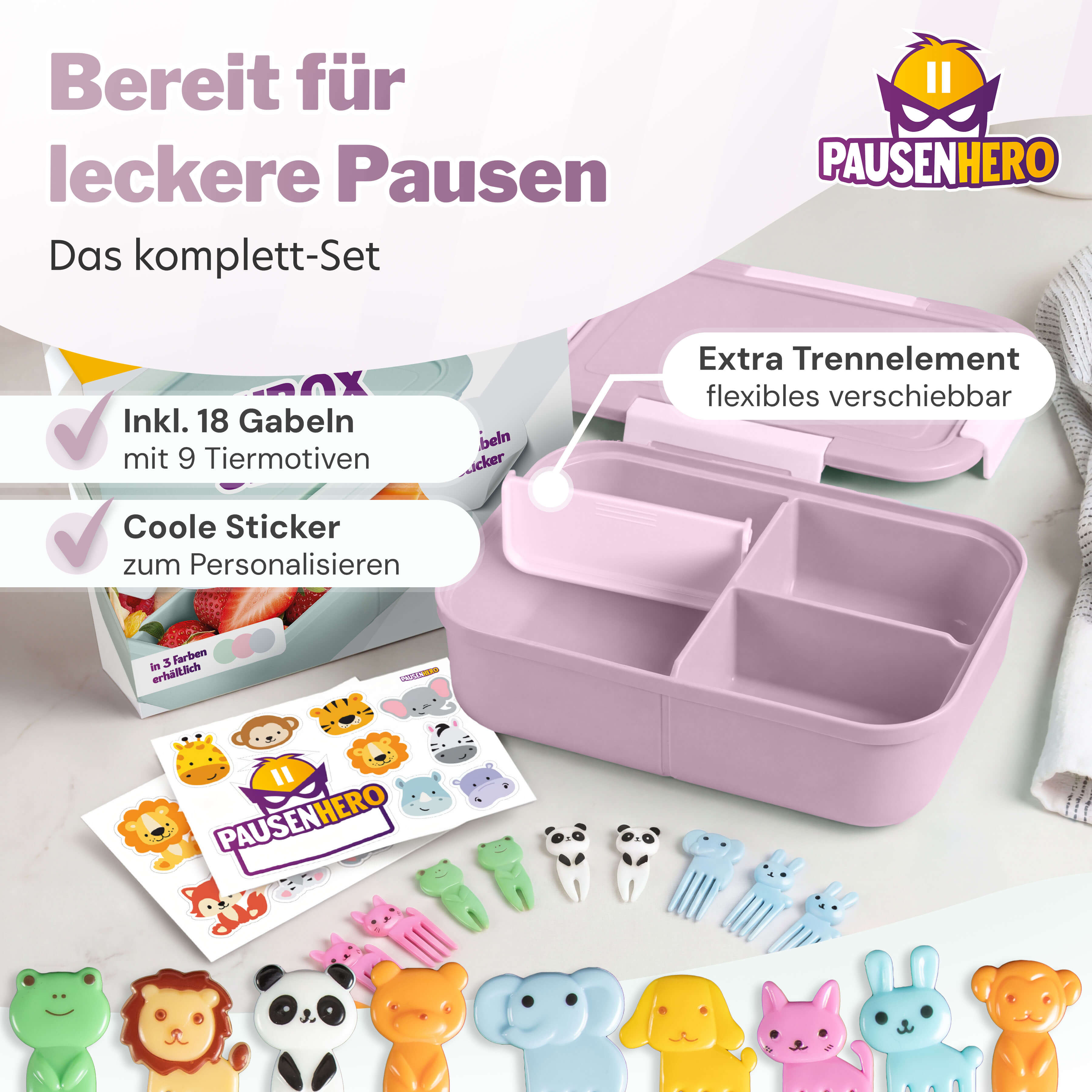Set aus Obstgabeln, Sticker und rosa Brotdose