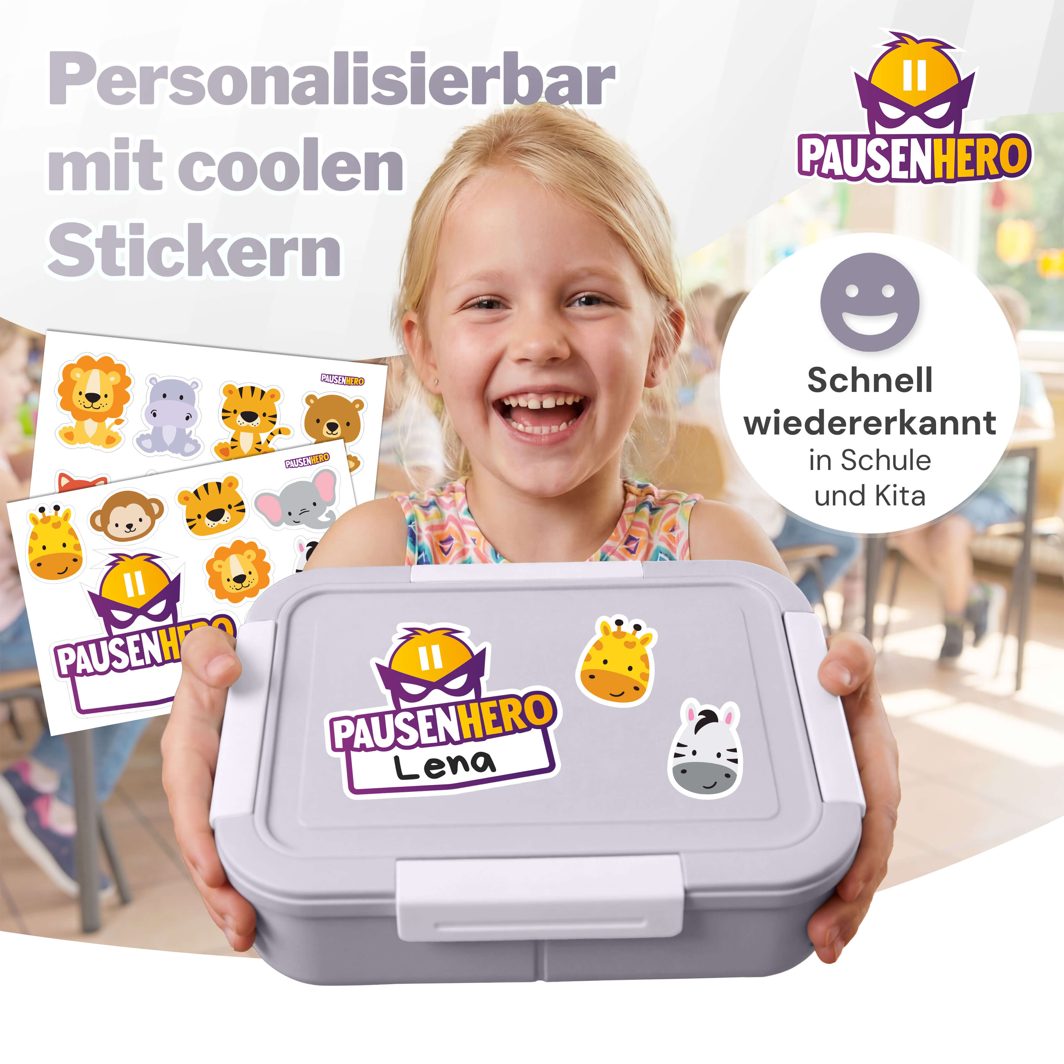 Mädchen mit grauer Brotdose mit Tier und Namensticker