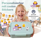 Mädchen mit grüner Brotdose mit Tier und Namensticker