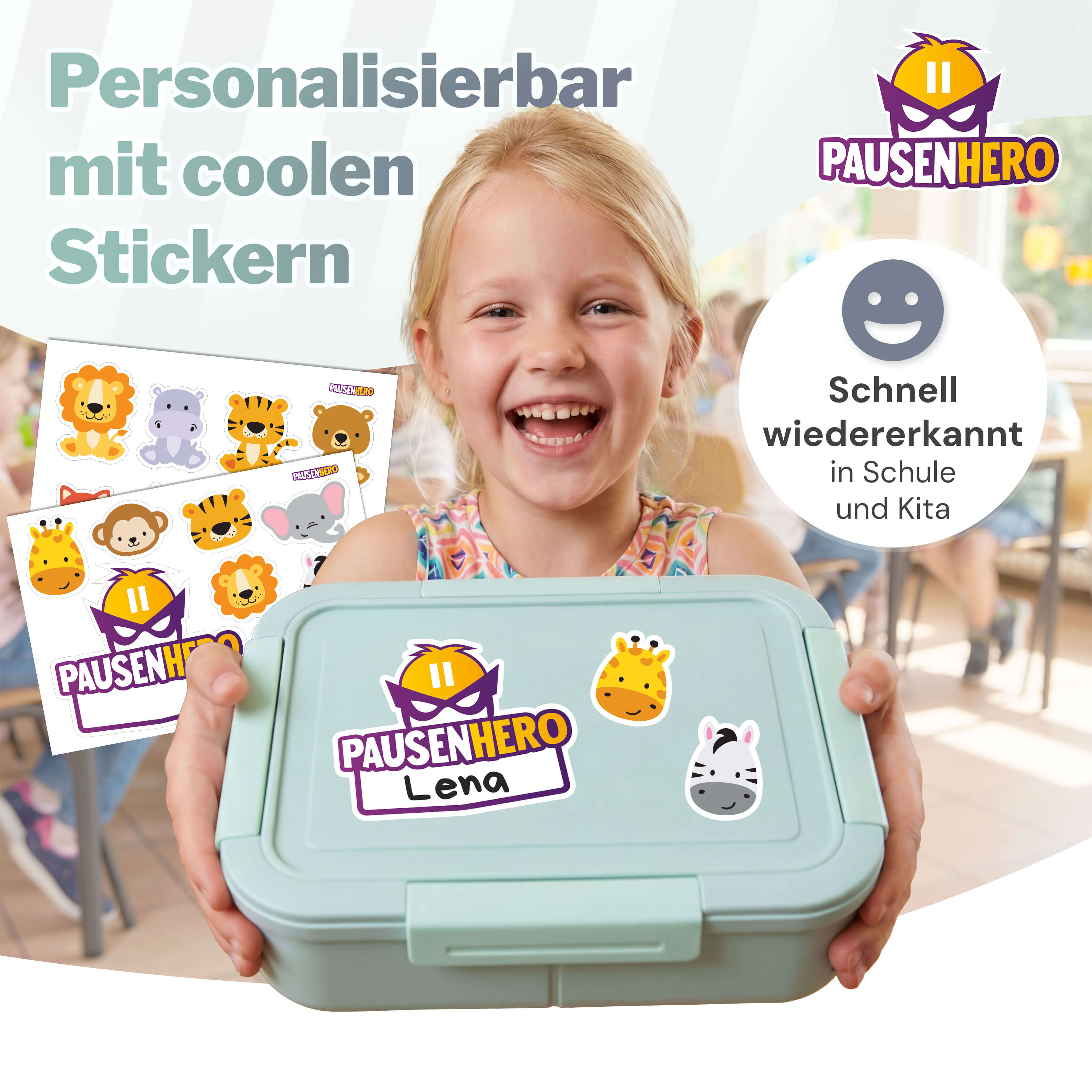 Mädchen mit grüner Brotdose mit Tier und Namensticker
