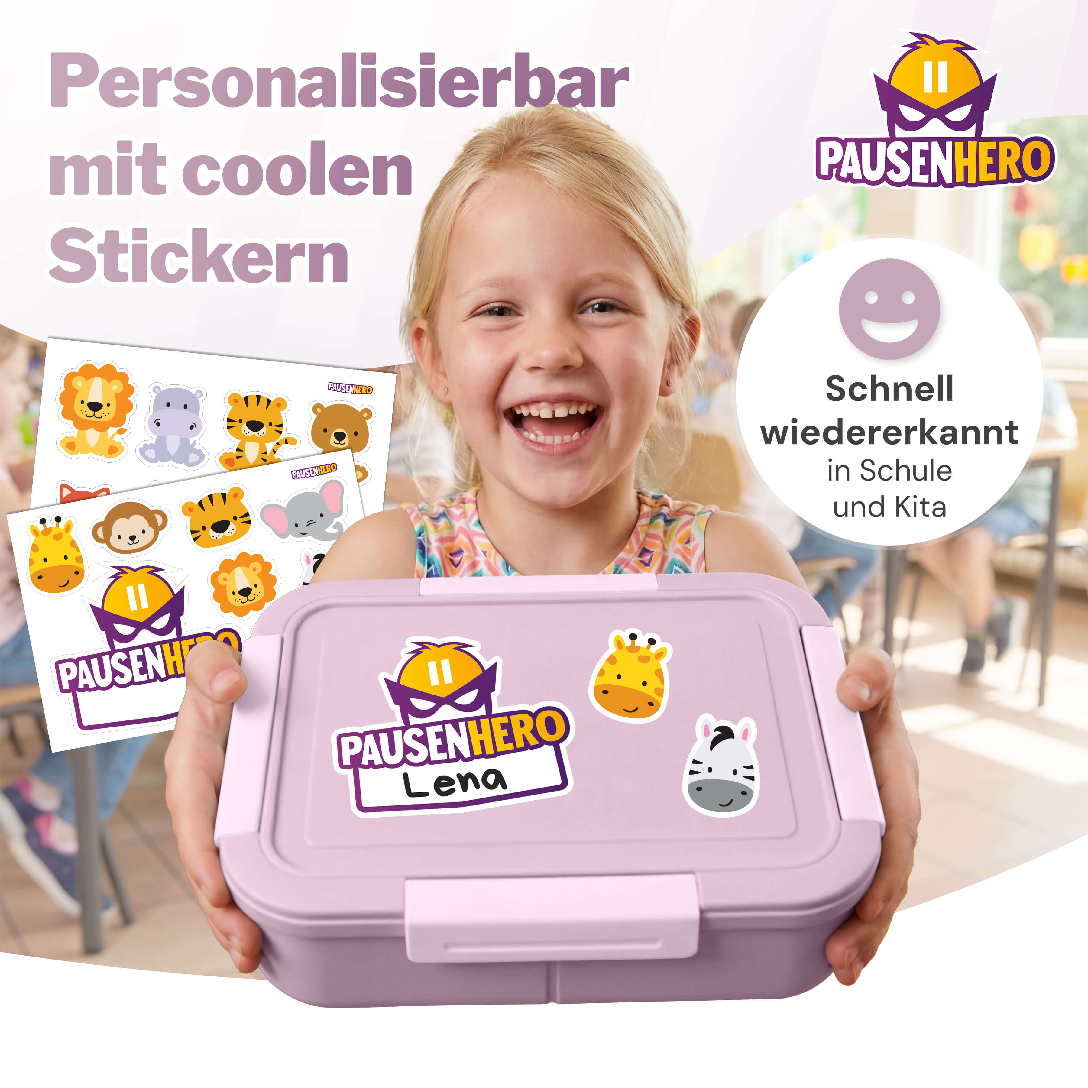 Mädchen mit rosa Brotdose mit Tier und Namensticker