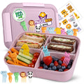 Rosane geöffnete Brotdose mit Brot und Obst, Obstgabeln und Sticker