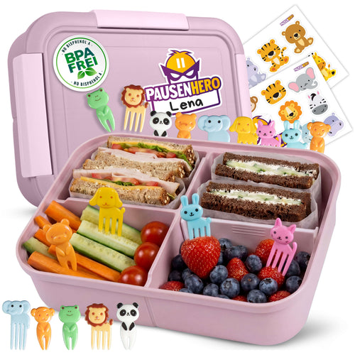 Rosane geöffnete Brotdose mit Brot und Obst, Obstgabeln und Sticker