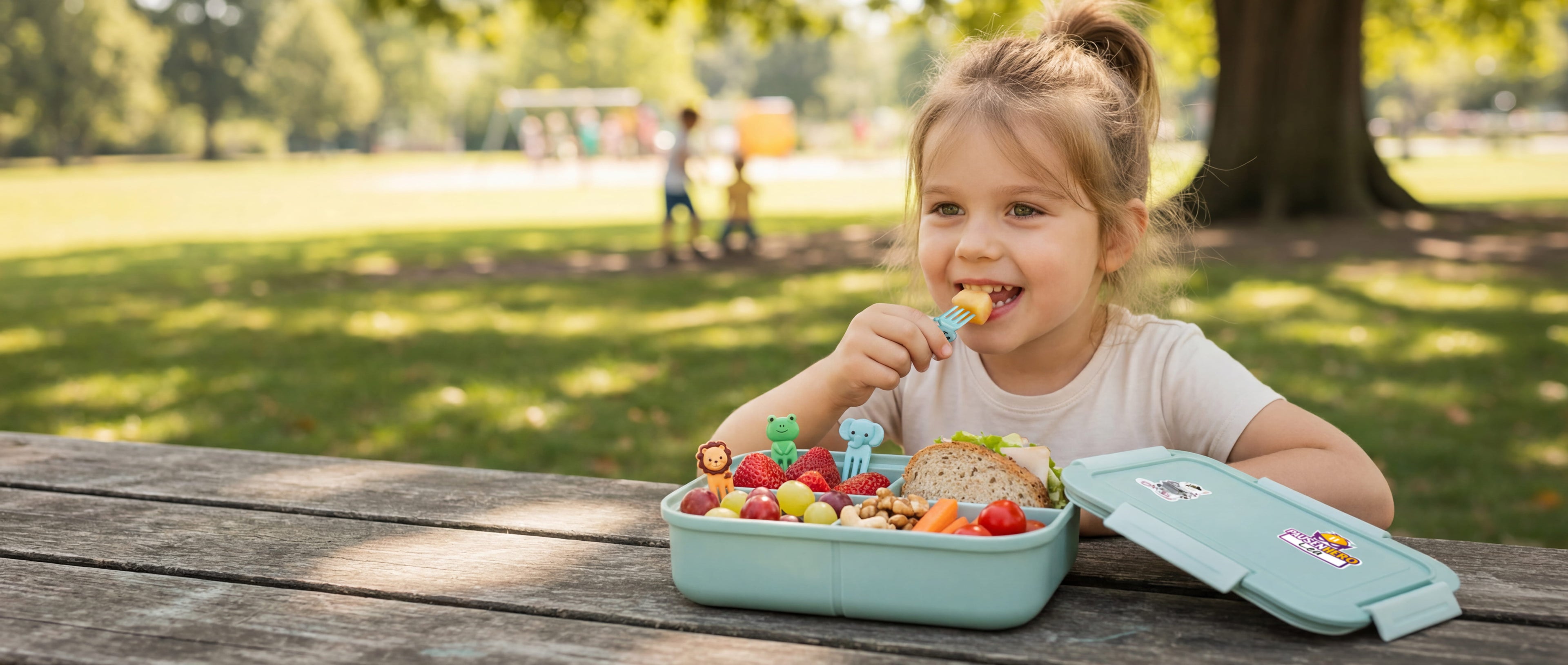 Mädchen mit Obst gefüllter Brotdose im Park